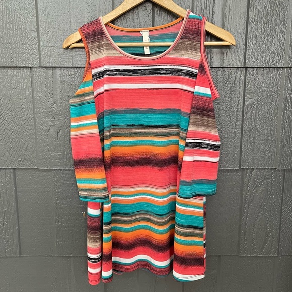 lilypad Tops - Lilypad colorful striped cold shoulder dressy tunic top